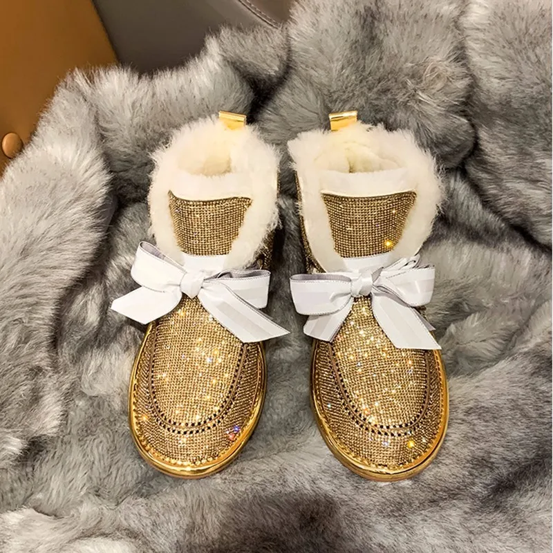 Najtaniej Zima Sexy Rhinestone utrzymać ciepłe buty na śnieg kobiety Bowknot okrągłe Toe botki damskie buty kobieta buty casual Zapatos De Mujer