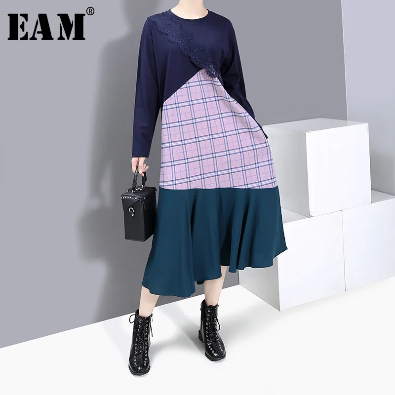 

[EAM] Women Blue Plaid Asymmetrical Ruffles Dress New Round Neck Long Sleeve Loose Fit Fashion Tide Spring Autumn 2019 1H300