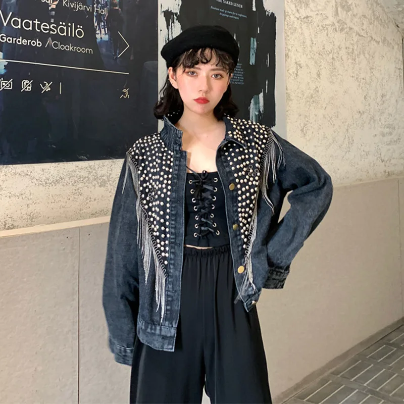 Осенняя джинсовая куртка для женщин, уличная одежда Harajuku, зимняя куртка с заклепками, однобортная куртка с кисточками и цепочкой, пальто и куртки для женщин - Цвет: Черный