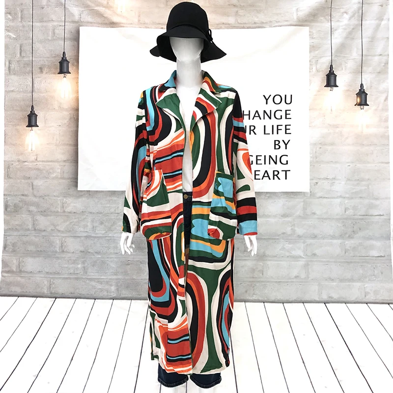 Plus Size Full Sleeve Retro Autumn Overcoat Loose Long Color Block Print Floral Trench Coat for Women Casual Winter Trench