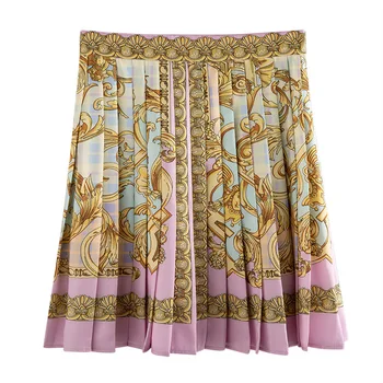 

WOMENGAGA 2020 Summer New Skirt Pleated Print Abstract Empire Zippers High Waist Streetwear Fashion Personality A-line A518