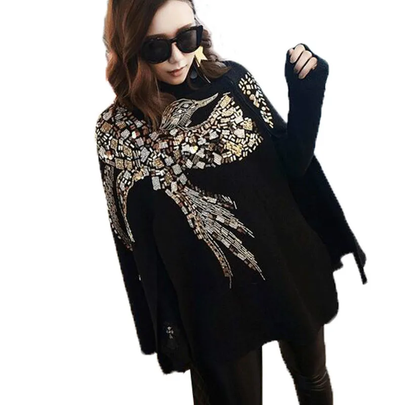 Женская накидка с птицами и блестками вышивкой рукавом летучая мышь свитер