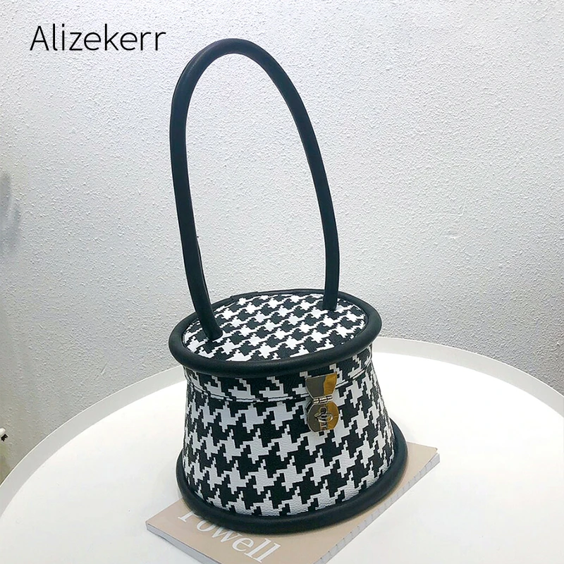 

Houndstooth Printed Bucket Handbag Women 2020 New Korean Barrel-Shaped Box Tote Bag Ladies Checked Printing Personality Fashion