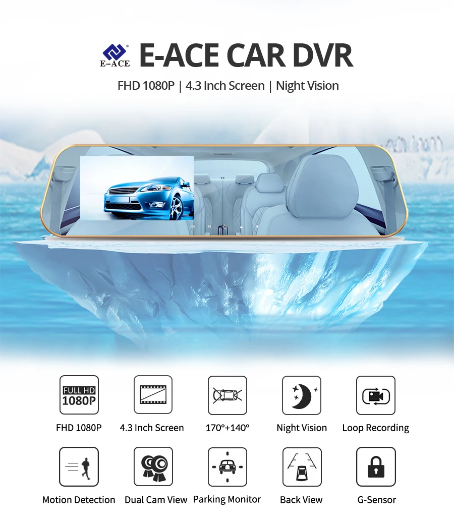 E-ACE Full HD Автомобильный Видеорегистратор Цифровой Видеорегистратор Синий Авто Заднего вида Камера с Двумя Объективами Зеркало Заднего Вида Автомобиля Регистратор Тире видеокамеры