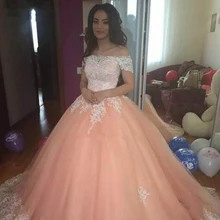 Розовые кружевные бальные платья бальное платье аппликация с открытыми плечами Тюлевое платье для выпускного вечера дебютантка шестнадцать 15 милое 16 платье