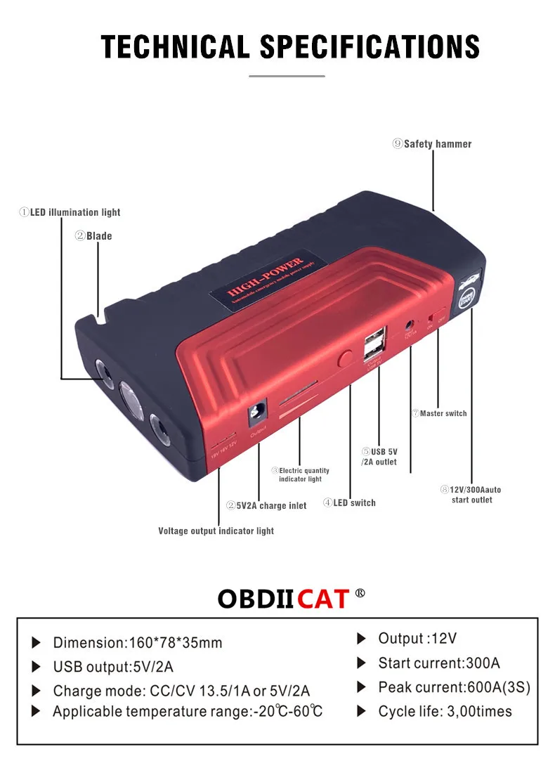 OBDIICAT D5 12V высокомощное автомобильное пусковое устройство мини Портативное