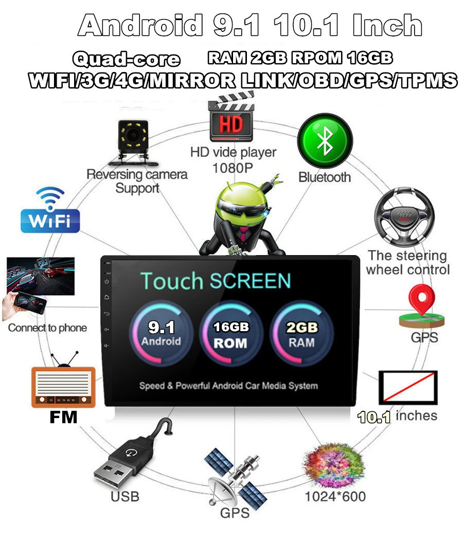 Универсальный однодиновый Регулируемый Android четырехъядерный процессор ОЗУ 2 Гб