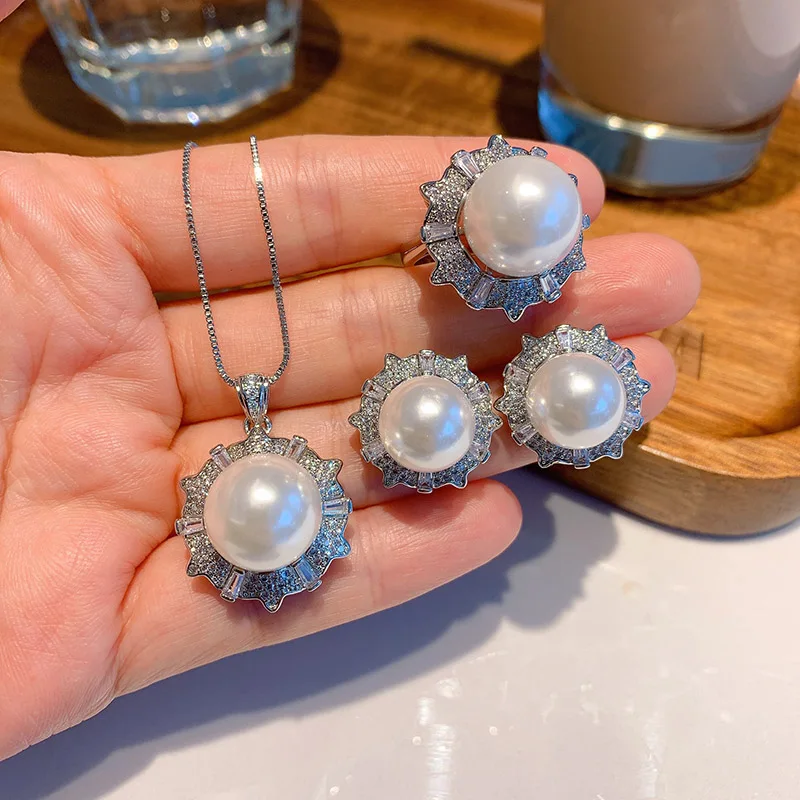 

Funmode New Ball Shape Shiny Pearl Earring Necklace Ring For Wedding Party Jewelry Sets Accessories Wholesale FS266