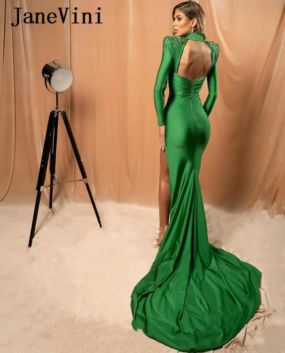 Green-Mermaid-Evening-Dresses-Long-Sleeve-Flower-Applique-Red-Carpet-Fashion-Gowns-Sweep-Train-Side-Split (2)_副本