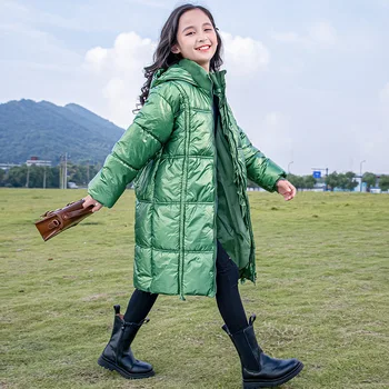 

Girls Winter Down Jacket Thicken Hooded Overalls Children Clothing Green Long Outerwear Kids Padded Jacket Teen Glossy Overcoat