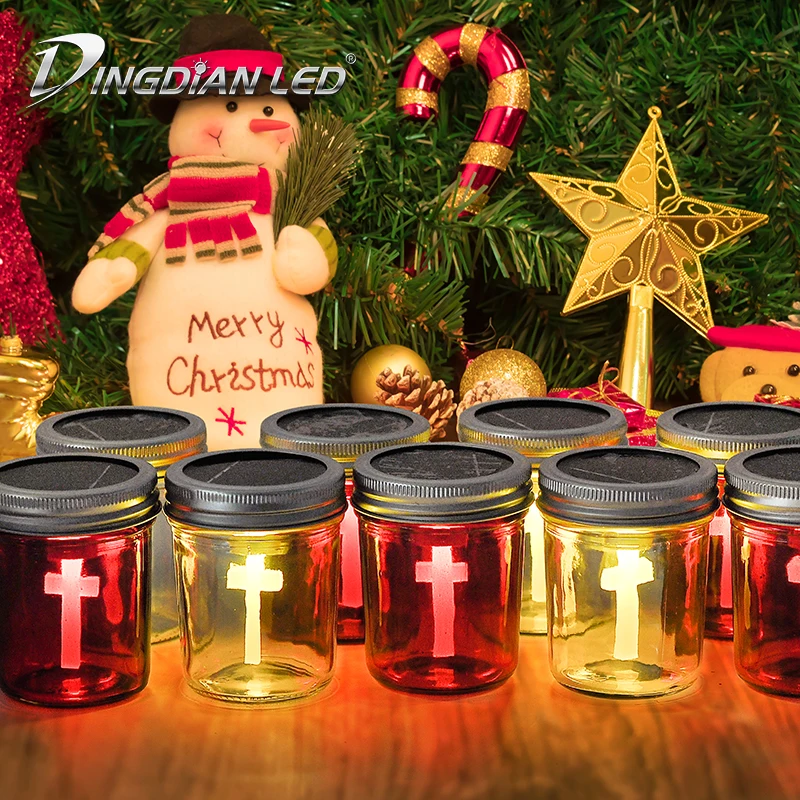 

DINGDIAN LED 2019 Novelty Light Flame Solar Mason Jar lid Light Cross Jesus Church Tomb Energy Outdoor Halloween Christmas Decor