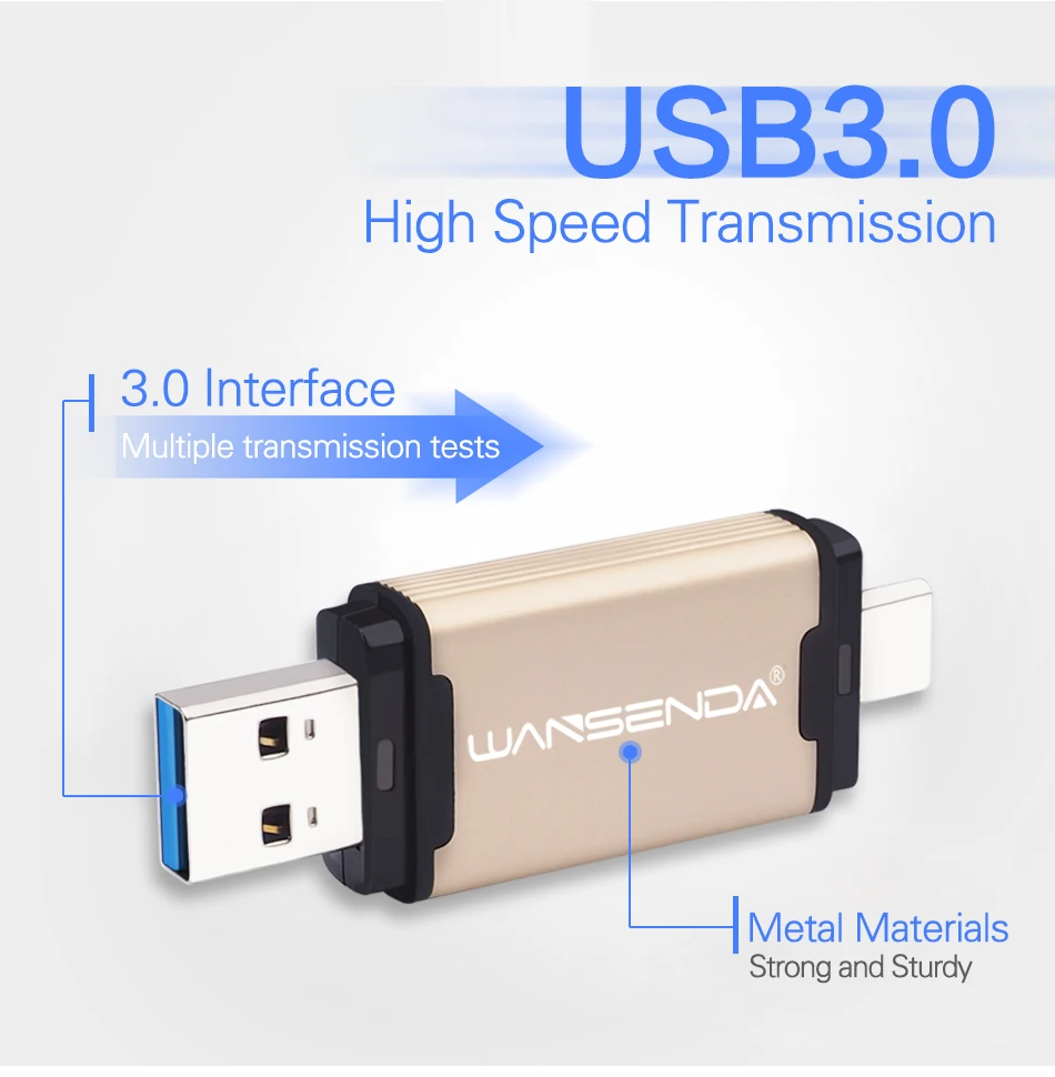 WANSENDA, 2 в 1, TYPE-C, USB3.0, USB флеш-накопитель, 512 ГБ, 256 ГБ, 128 ГБ, 64 ГБ, 32 ГБ, флеш-накопитель для Android/PC, двойной OTG, USB флешка, флешка