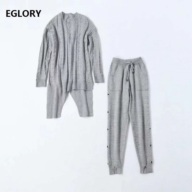 

High Quality Sweater Set 2020 Autumn Winter Pant Suit Women Twist Knitting Asymmetrical Tops+Elastic Waist Grey Knitted Pant Set