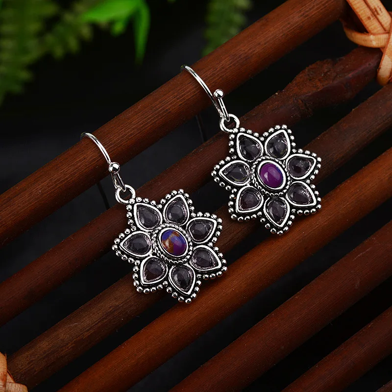 Bague Ringen, элегантные аметистовые серьги для женщин, Ретро стиль, тайское серебро, 925, ювелирное изделие, фиолетовый цветок, серьги, капли, цветы, подарок для свиданий