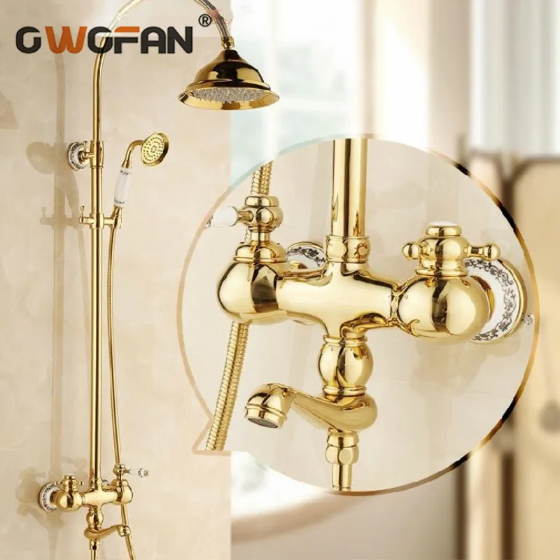 

Shower Faucets Gold Bathroom Taps Rainfall 8 inch with Hand Shower Attachment On The Crane Home Decoration Plumbing Mixer HA01