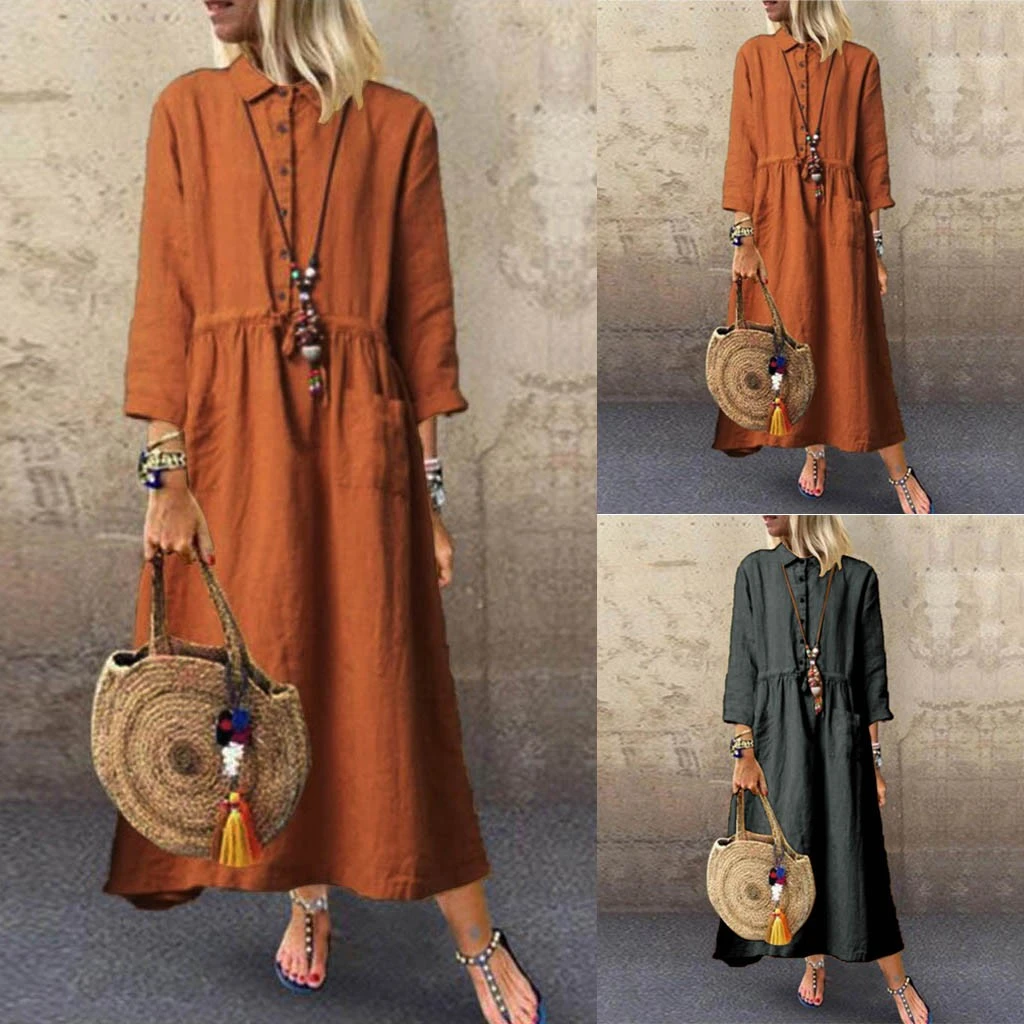 FREE OSTRICH BerryGo Autumn Winter Women Dresses Vestidos Linen Plaid Long Dress Elegant Mid Calf Ladies Female Robe Dress 807