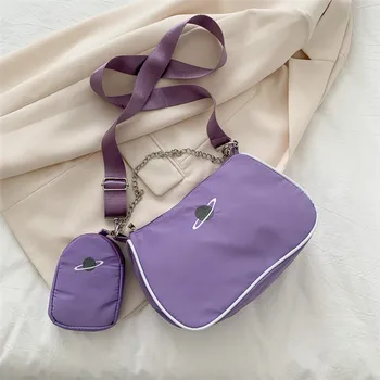 

Fashion Nylon Women Shoulder Bag Ladies Chain Messenger Bags Wide Shoulder Strap Girls Underarm Bag Baguette Handbags with Purse