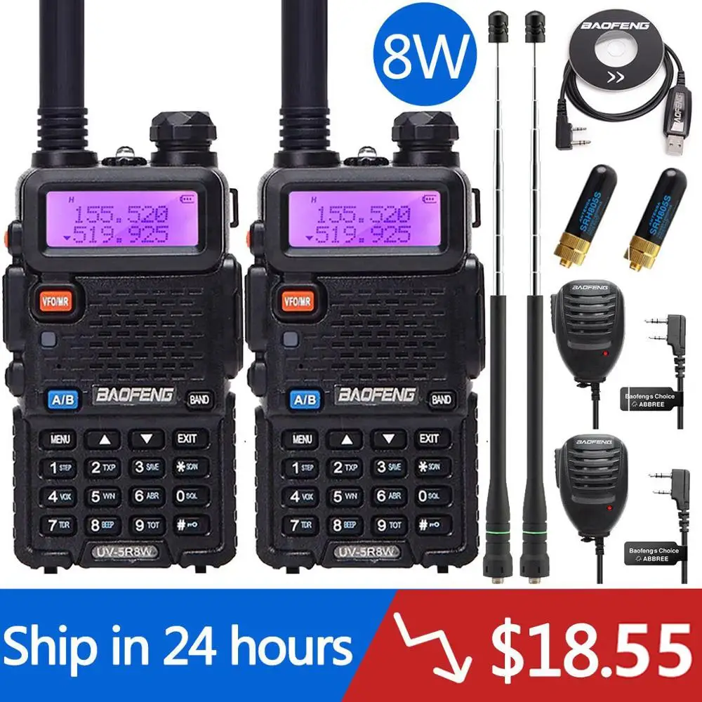 Baofeng-walkie-talkie UV-5R de 5W/8W, Radio portátil de dos vías, 128 canales, VHF, UHF, banda Dual, UV5R, para caza, 2 uds.