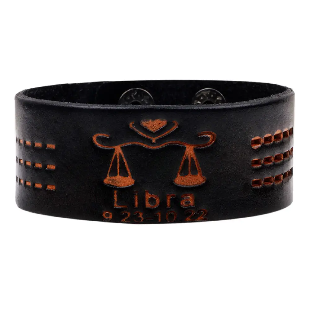 Libra Коричневый кожаный 12 браслет созвездие, подходит для пар очаровательный принт зодиака женский браслет Регулируемая кнопка g - Окраска металла: Libra