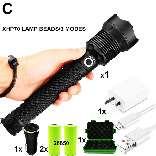 Dropshipping 18650 26650 Ultra Bright LED Tactical Flashlight XHP70 Waterproof Handheld Self-defense Flashlight 3 Mode