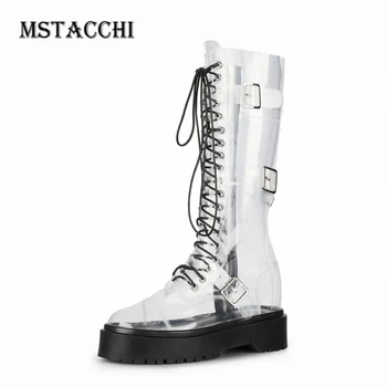 

MStacchi Women Transparency Cross-tied Leather Belt Motorcycle Boots Punk Girl Platform Flat With Zipper Round Toe Half Boots