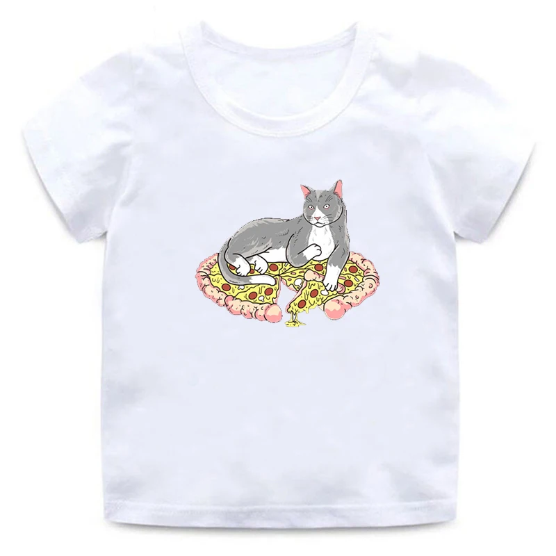 Детская футболка Летняя футболка с короткими рукавами и круглым вырезом для мальчиков и девочек в европейском и американском стиле с изображением милого кота пиццы