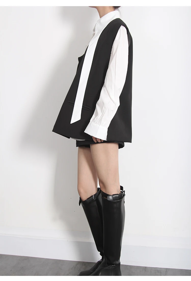 White Super Long Collar Korean Long Sleeve Lace Shirt Black Sleeveless Vest Suit Casual Loose Spring New PC389
