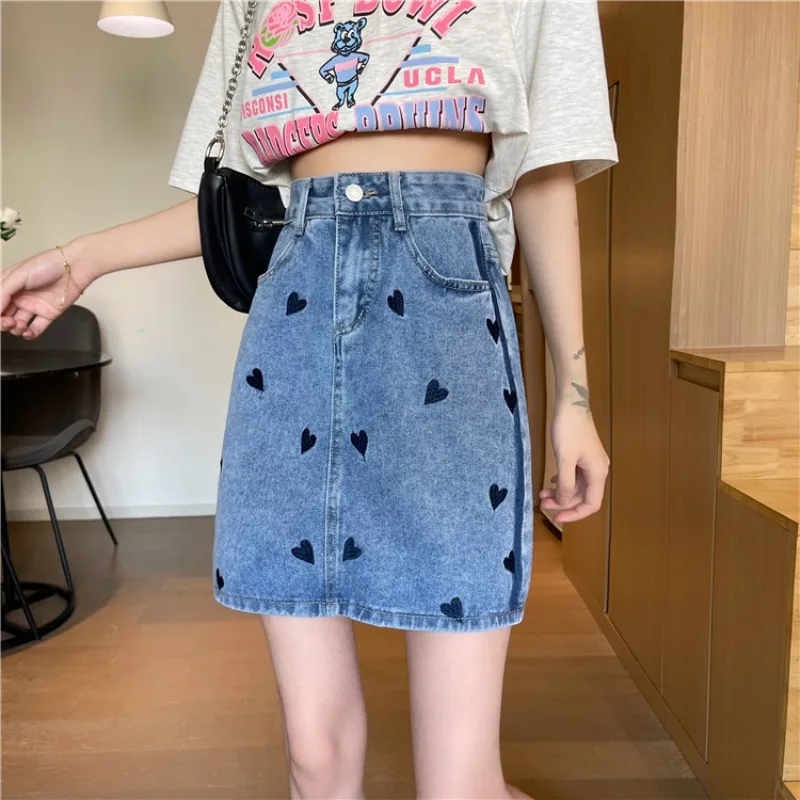 

skirts for women 2021 new Korean style high waist slimming love denim A-line skirt female short skirt