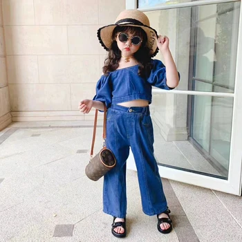 

Summer girls 2 pcs set baby crop blouse + jeans kids denim suits children streetwear 2 side wearable puff sleeve 3 to 12 yrs