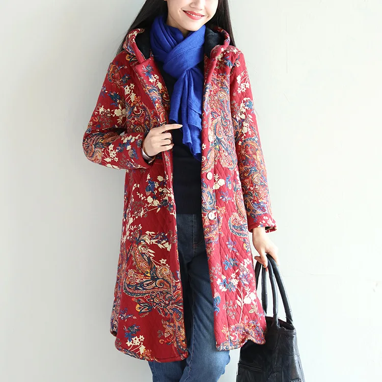 

2017 Literature And Art Retro Padded plus Velvet Winter Mid-length Thick Warm Hooded Loose-Fit Slimming Cotton Coat Jx5913