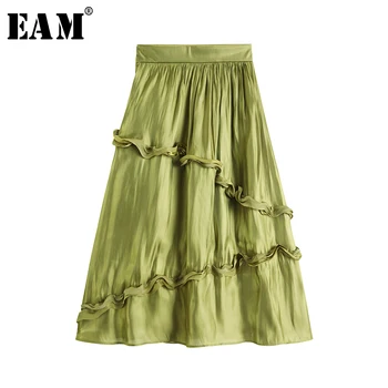 

[EAM] High Elastic Waist Green Ruffles Split Joint Temperament Half-body Skirt Women Fashion Tide New Spring Autumn 2020 1W147