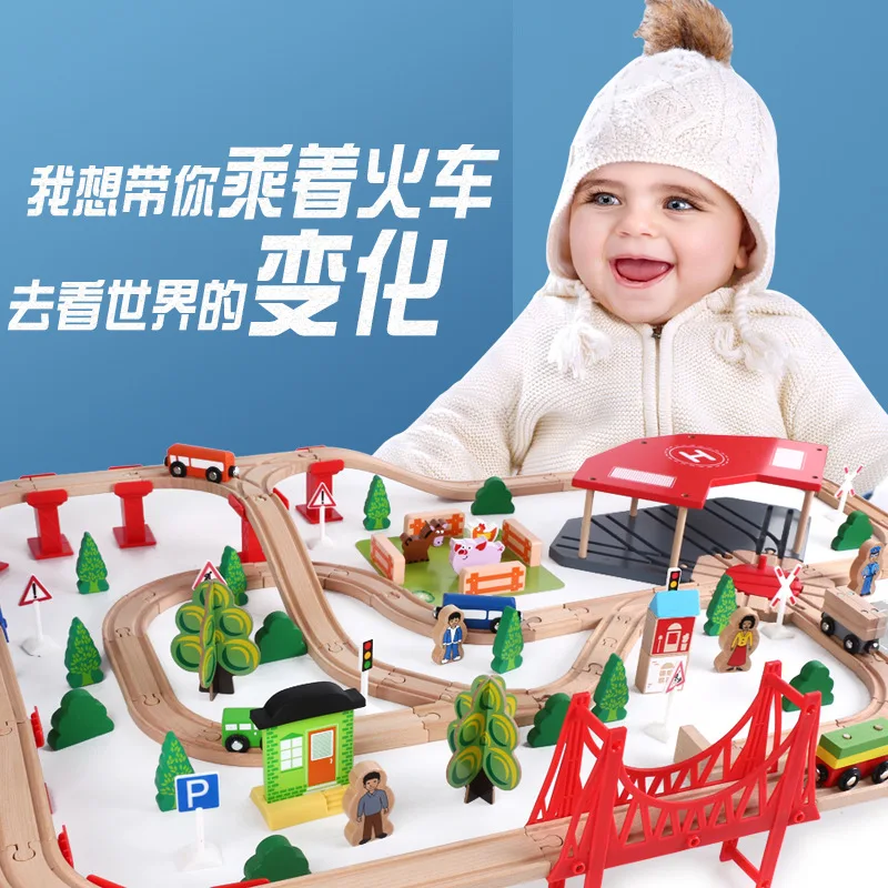 

Wooden Children Boy 140 Pieces Camera Track Car Scene Track Train Assembled Combination Educational Gliding Camera Track