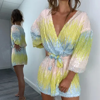 

Deep V Neck Sexy Sequins Summer Dress Women Elegant Long Sleeve Bodycon Dress With Belt Fashion Party Dress Vestidos