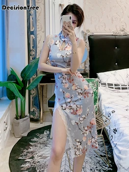 

2020 chinese dress women flower qipao elegant vintage lace hollow out sleeveless split mandarin collar cheongsam vestidos