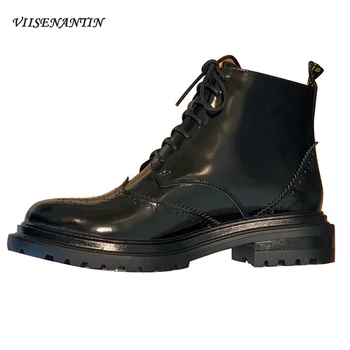 

Autumn Winter Women's New British Style Chunky-soled Retro Carved Round Toe Thick Heel Lace-up Ankle Boots Fashion Brogue Shoes