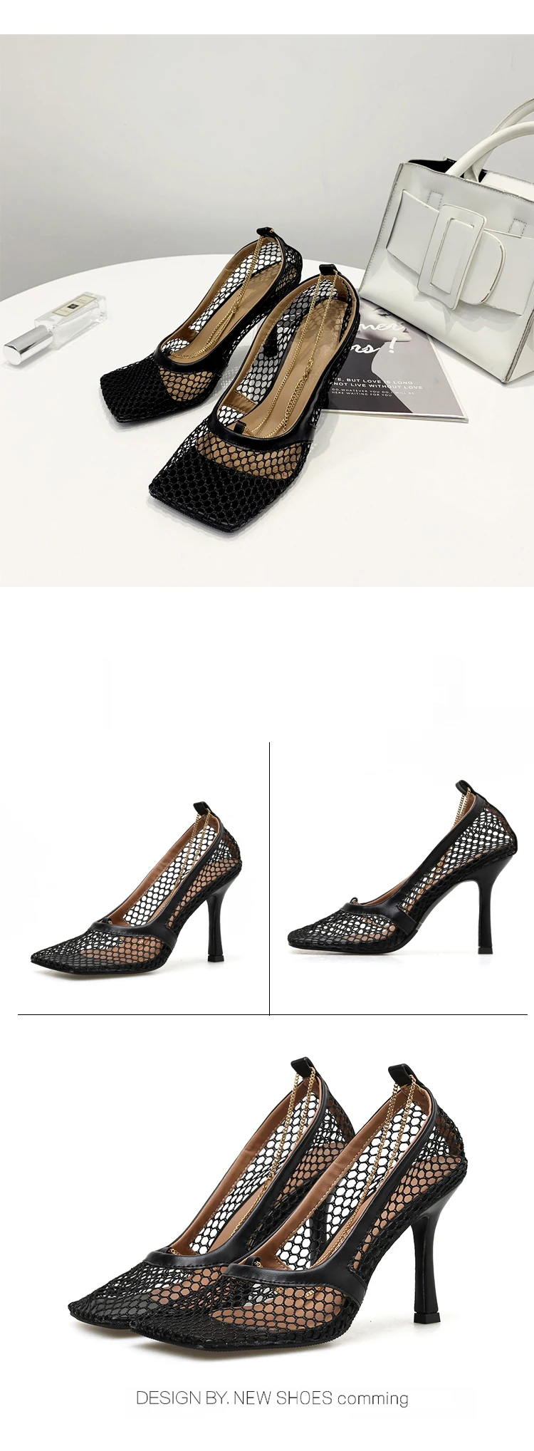 Aneikeh/женские туфли-лодочки; черные туфли на высоком каблуке с сеткой; модная женская обувь с квадратным носком на каблуке; пикантная обувь без шнуровки на высоком каблуке; Размер 39