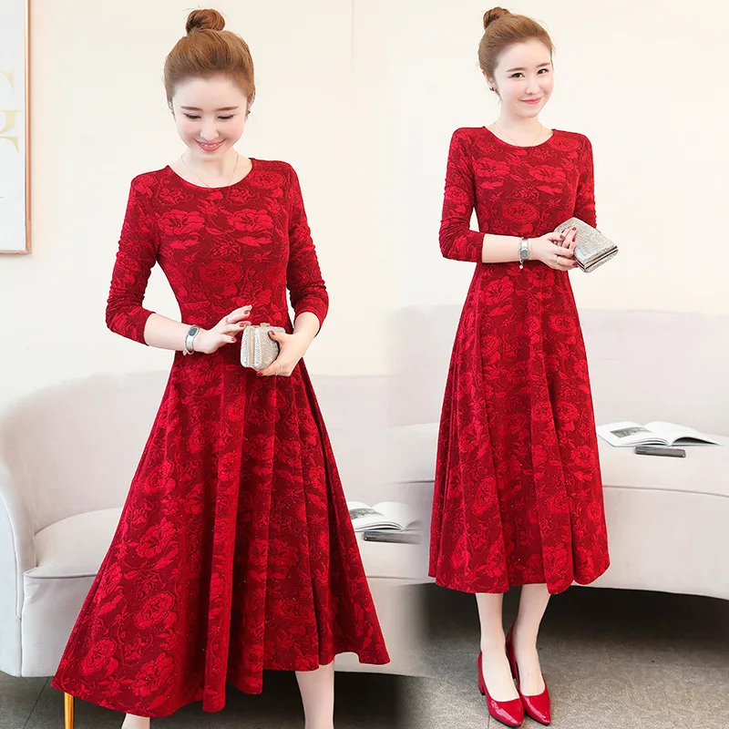

2019 Spring New Style Middle-aged Lady Crew Neck Jacquard Slim Fit Big Hemline Slimming Mid-length Long-sleeved Dress Women's