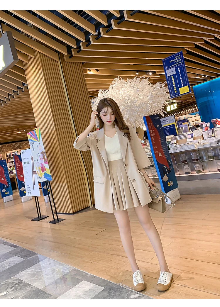 Осенний женский комплект из двух предметов, корейская мода, повседневный свободный простой стиль, однотонный костюм+ плиссированная юбка, Женский комплект из 2 предметов, 90s