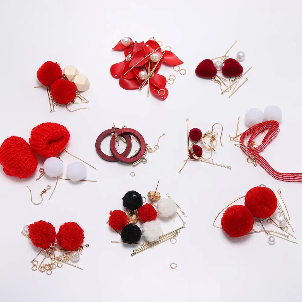 

Chinese Red PomPon Fur Ball Long Earrings DIY Jewelry Package Round Bowknot Hat Dangle Earring For Jewelry Making Accessories