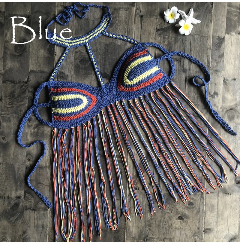 Вязание крючком бикини сексуальный женский бикини с кисточками Топ Boho пляжный купальник бахрома вязаная крючком бикини бюстгальтер Холтер Camisoles Tank купальник