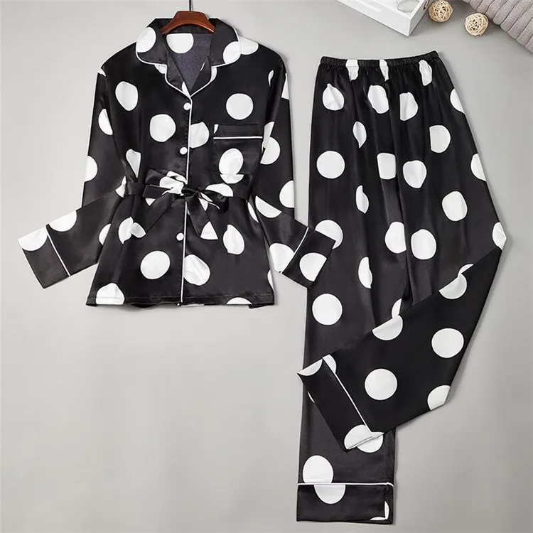 

Printed Black Polka Dot Satin Pajamas Autumn Cardigan Long-Sleeved Leisure Tops Three-Piece Set Pyjamas Women Lounge Set