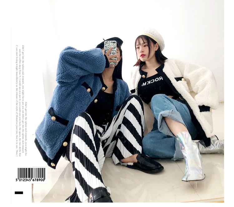 new autumn winter women single breasted loose faux fur coatsgolden buttons o-neck lamb wool jackets w1991