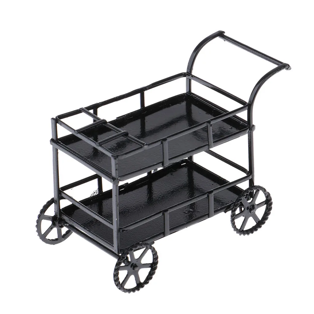 Miniature Metal Serving Cart Black Mini Kitchen Cart with Wheel for 1/12 Mini Dollhouse Accessory, Dining Room, Restaurant Decor