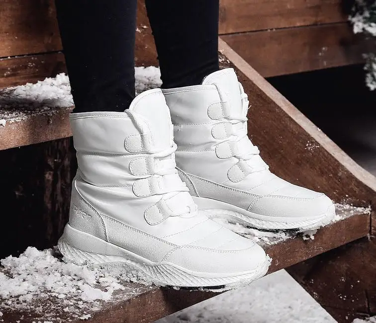 Outdoor snow boots female winter waterproof non-slip white cotton shoes warm plus velvet thick cotton boots