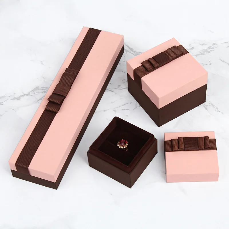 

6pcs Pink Cardboard Jewelry Ring Necklace Set Gift Box With Brown Bow Bracelets Earring Gift Packaging Boxes Case With Sponge