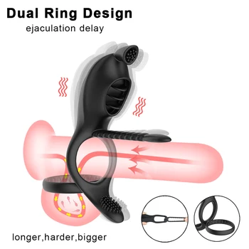 Vibrator Ring Double Remote Control Vibrating Ring Elastic Silicone Premature Ejaculation Lock Penis with Rings Sex Toys for Men 4