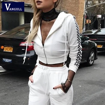 

Vangull long sleeve black and white plaid zipper hooded crop tops 2020 autumn winter women fashion casual hoodies sweatshirts