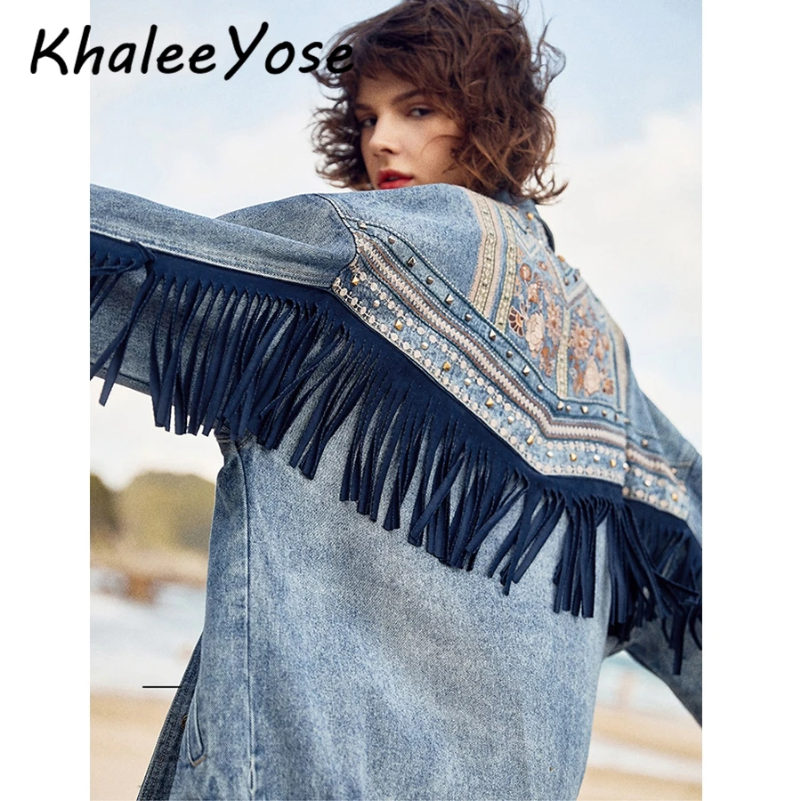 

KHALEE YOSE Floral Embroidery Denim Jacket Autumn Women Vintage Boho Jacket Oversize Fringe Rivet Coat Long Sleeve Streetwear