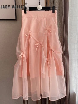 

Free shipping Pleated Zou Lace Bow Decoration Eugen Yarn A Swing Skirt Ladies Spring / Summer New Retro Wild