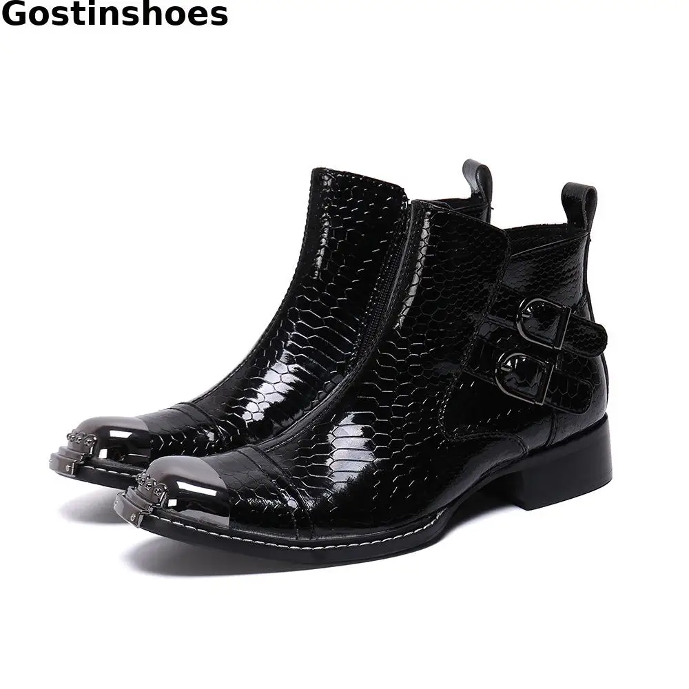 

Men Boots Black Genuine Leather Snake Skin Printed Metal Cap Toe Ankle Boots Side Zipper Buckle Strapes Slip On Men Short Boots